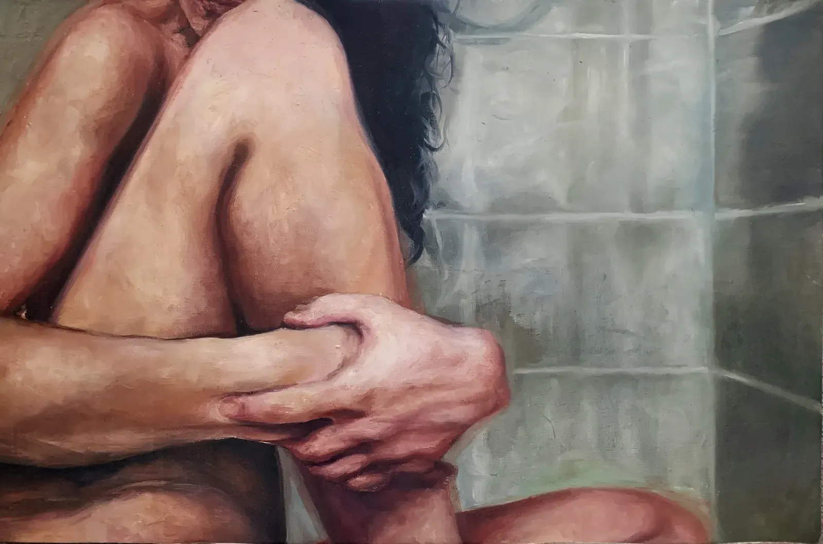 Oil painting by the artist: a figure hugging her knees beside a tiled wall